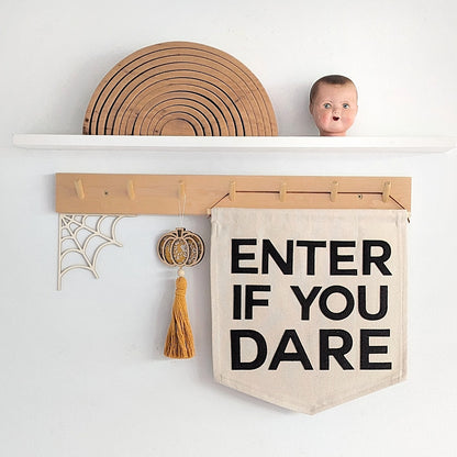 Enter if you Dare banner, wall hanging in glittery black text