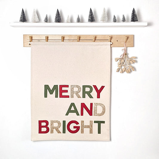 Limited edition Merry and Bright Christmas banner, wall hanging in silver or gold glitter