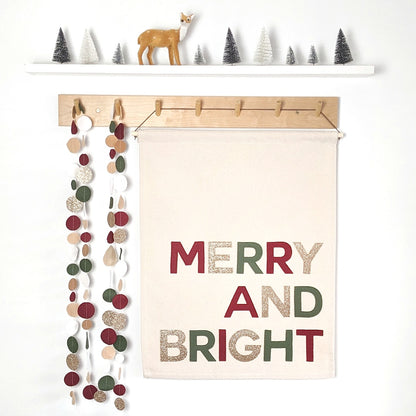 Limited edition Merry and Bright Christmas banner, wall hanging in silver or gold glitter