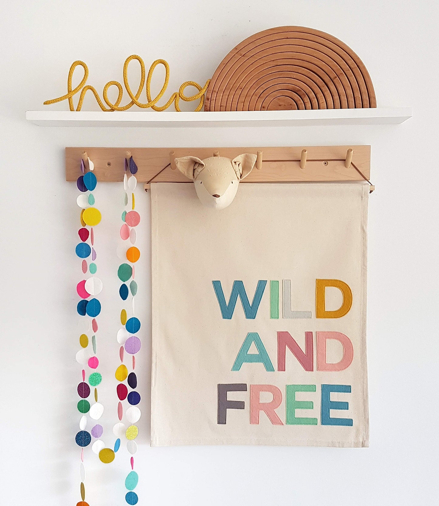 Wild and Free banner, wall hanging. As seen on The Toddler Club with Giovanna Fletcher