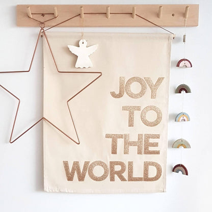 Joy to the World Christmas wall hanging in silver or gold glitter