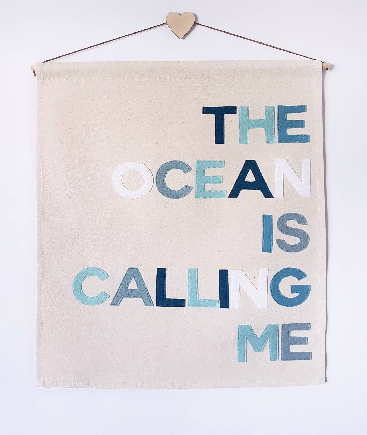 The Ocean is Calling me banner, wall hanging in ocean blue colours