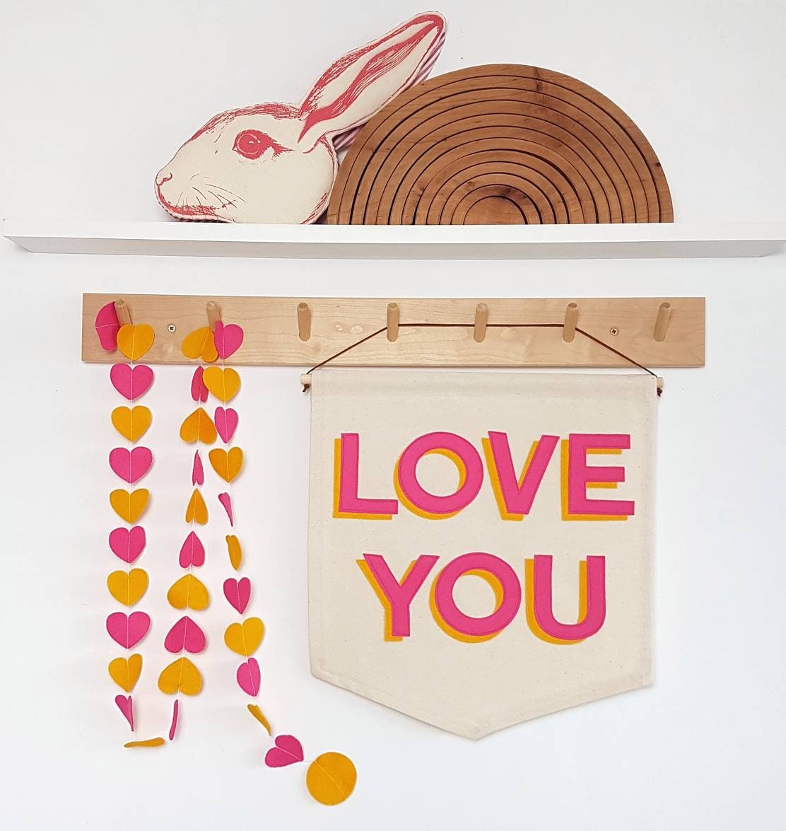 Love You, custom colour banner with matching heart garland