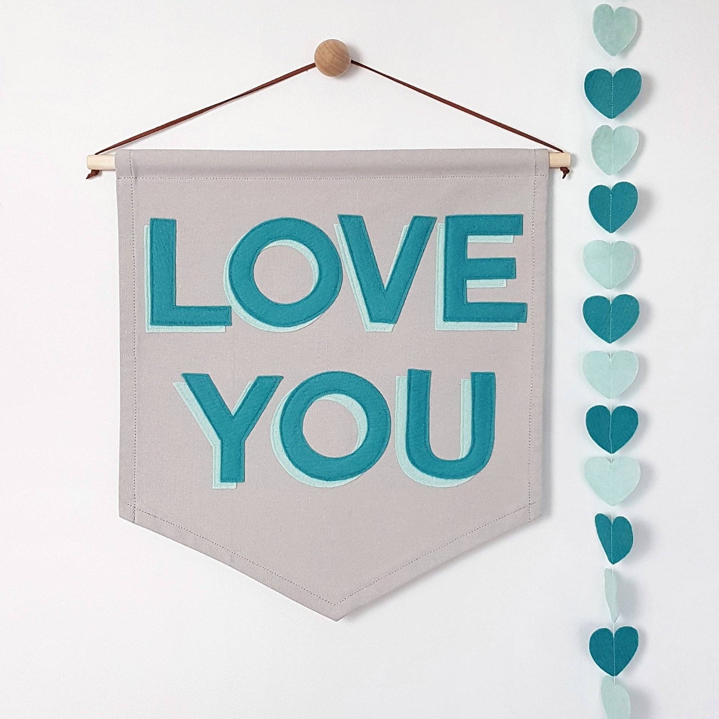 Love You, custom colour banner with matching heart garland