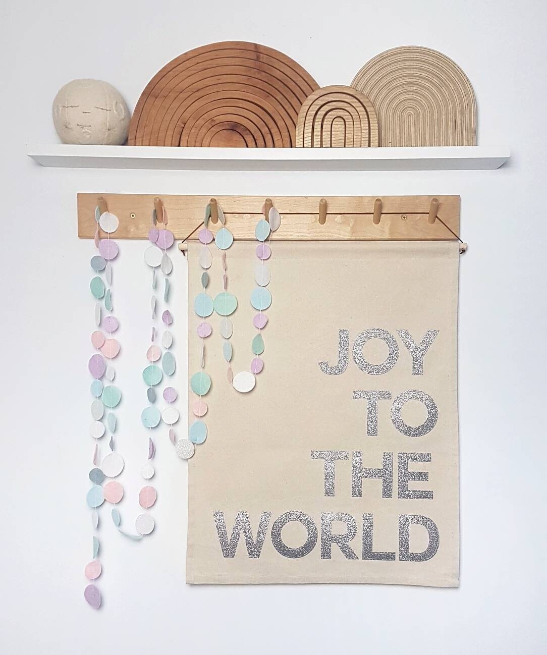 Joy to the World Christmas wall hanging in silver or gold glitter