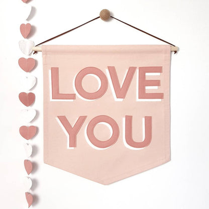 Love You, custom colour banner with matching heart garland