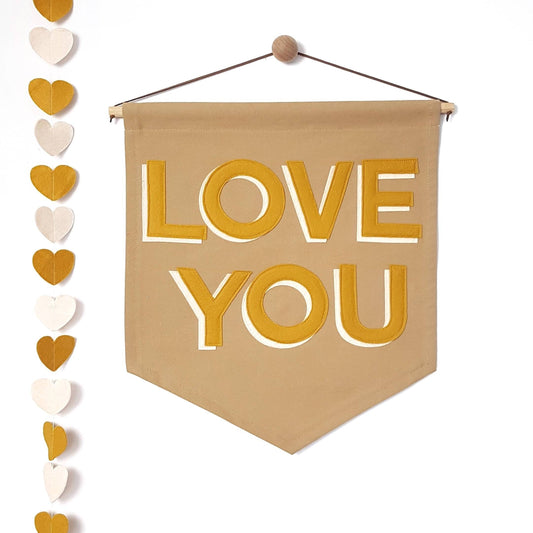 Love You, custom colour banner with matching heart garland