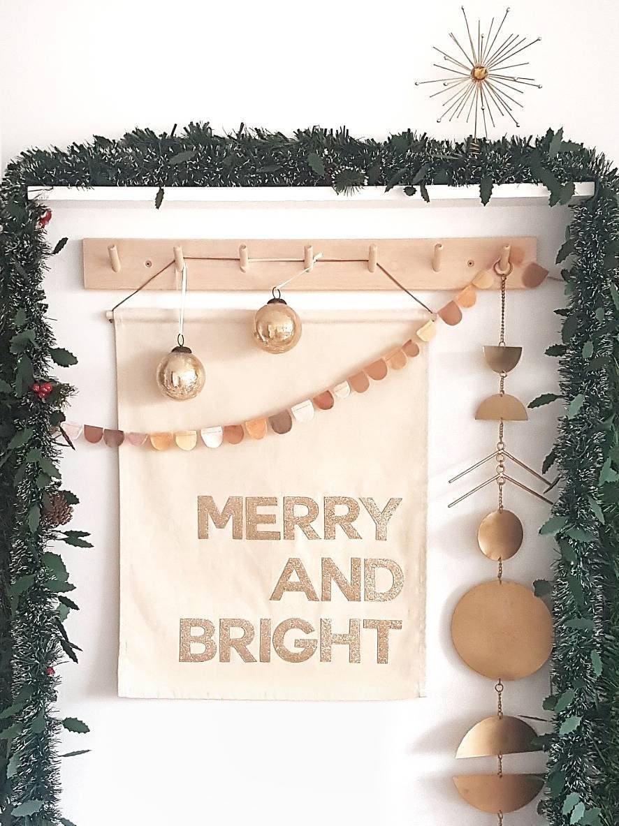 Merry and Bright Christmas banner, wall hanging in silver or gold glitter